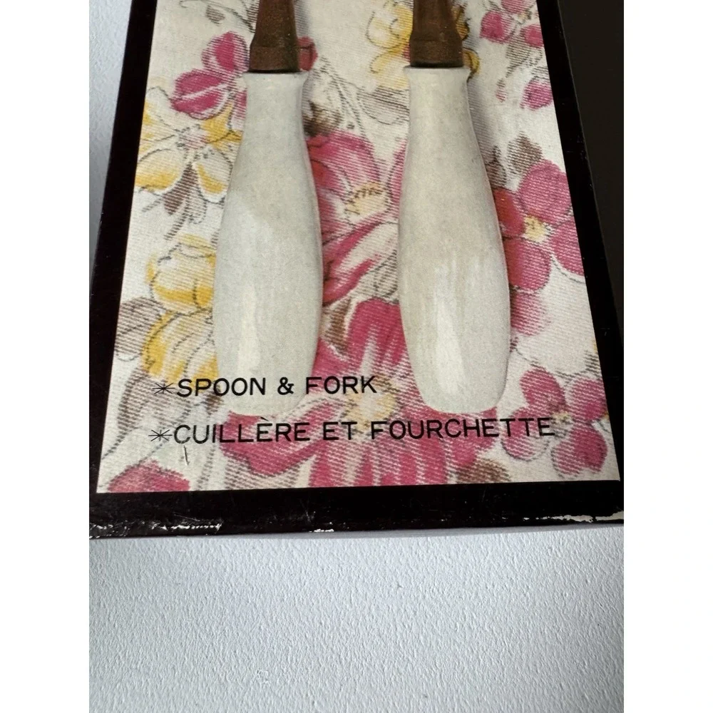Vintage Delft Style Windmill Wood Ceramic Salad Servers Boxed Set
